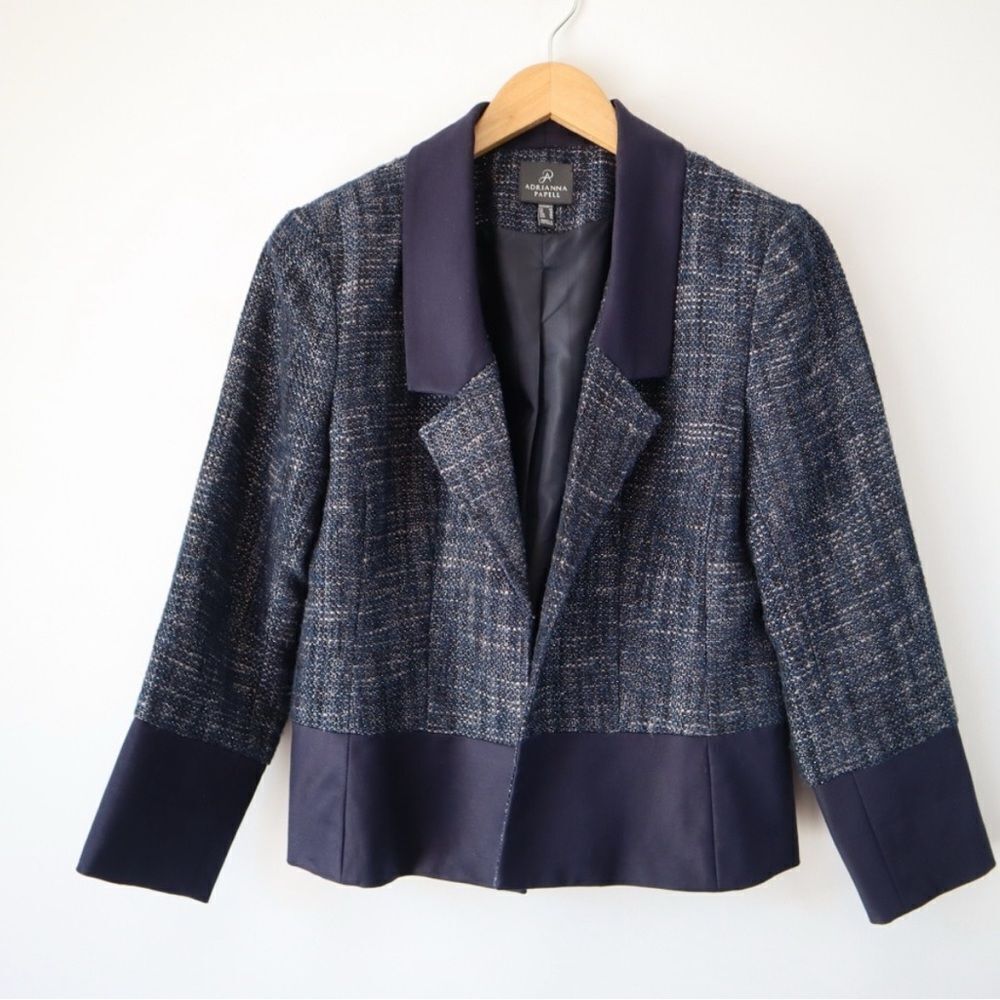 Adrianna Papell Navy Blue Tweed Blazer Size 14 Lady Jacket Open Preppy Old Money